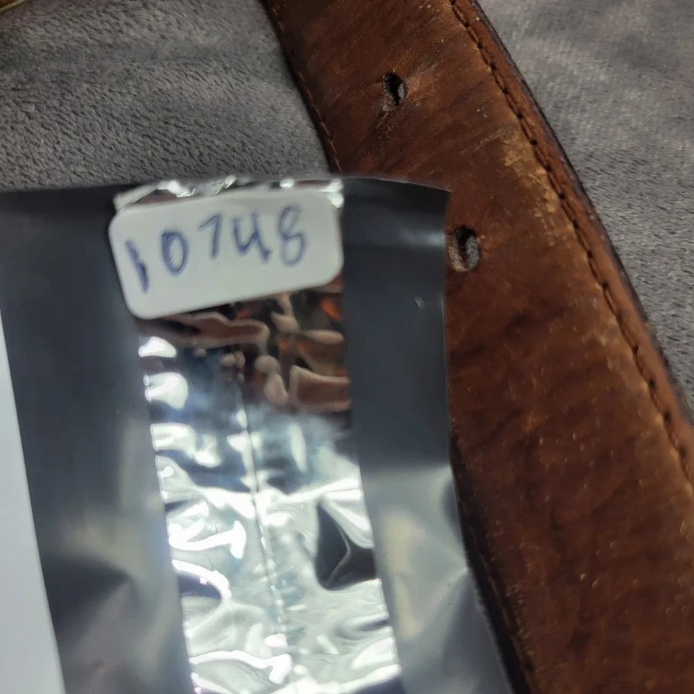 Vintage Tan Italian Leather Belt Geometric‎ Gold Tone Buckle Made in Italy 38